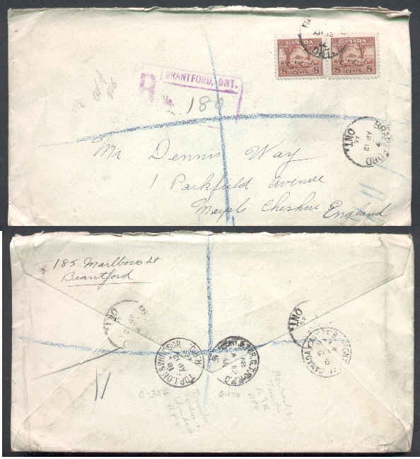 Canada-covers #5995 - 8c(2) KGVI Farm reg'd to England-Brant Cnty-Bran