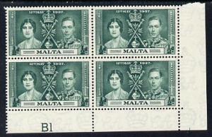 Malta 1937 KG6 Coronation 1/2d corner plate block of 4 (p...