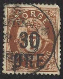 Norway Sc# 63 Used (30o on 7s) 1906 red brown Post Horn and Crown