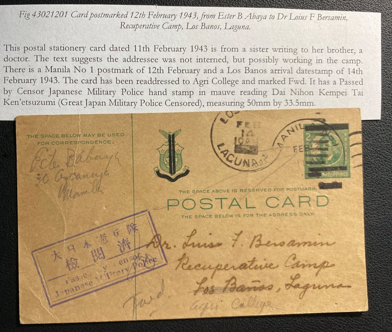 1943 Manila Philippines Japanese Censored Postcard Cover To Los Baños Laguna