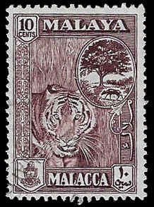 Malaya (Malacca) #61 Used VLH; 10c Tiger (1960)