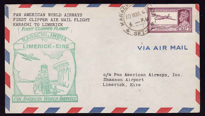 India cover #12785-First Clipper Airmail Flight-Karachi to Limerick-10 Mar 1947-