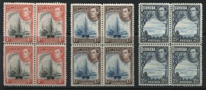 Bermuda KGVI 1938 1d, 1 1/2d, 2 1/2d blocks of 4 mint o.g.