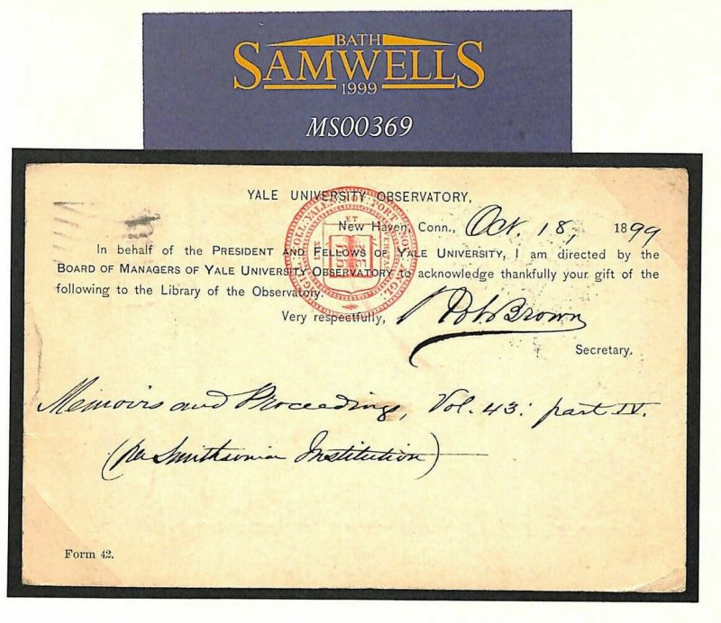 USA *YALE UNIVERSITY OBSERVATORY* POSTAL STATIONERY 2c Card 1899 GB Lancs MS369