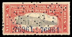 United States Possessions, Philippines, Revenue Stamps, 2p red, punch cancels