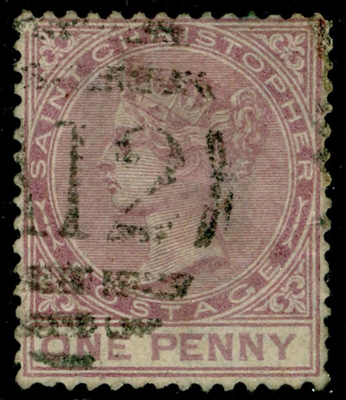 ST KITTS-NEVIS SG12, 1d dull magenta, USED. Cat £70.