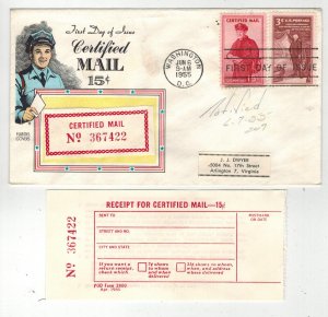 1955 FLUEGEL FA1 CERTIFIED MAIL FDC & RECEIPT & REAL MAIL NOTIFIED MARKING