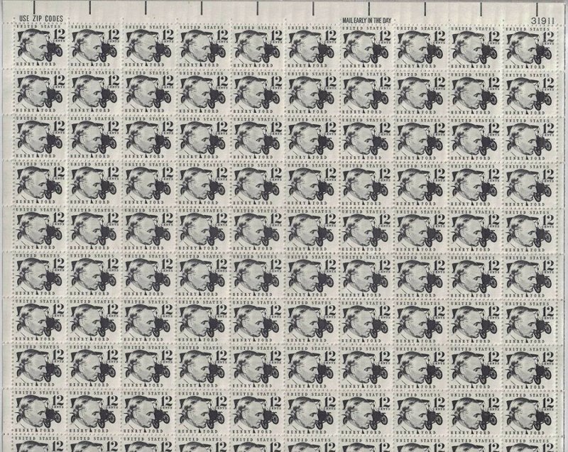 Henry Ford Sheet of 100 - 12 Cent Postage Stamps Scott 1286A 