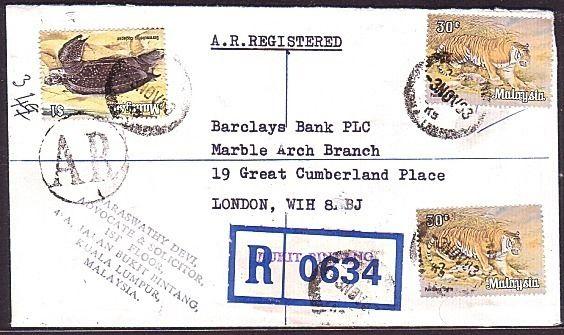 MALAYSIA 1983 Registered AR cover Bukit Bintang to London - Tigers.........34532