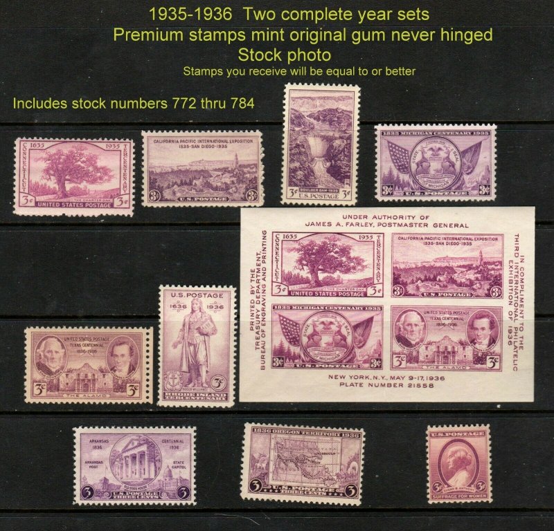 Scott # 772 - 784,  1935-1936 Commemorative Year Sets of 9 + SS  Mint NH