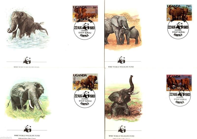 Uganda 1983 WWF African Elephant Animal Wild Life Fauna set of 4 FDCs Set