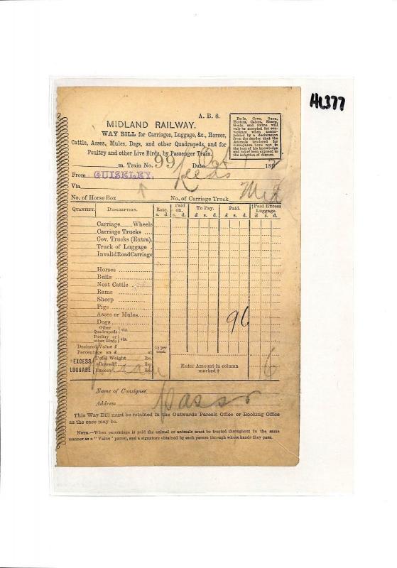 HL377 1892 GB *DOGS* CARRIED BY RAILWAY *Guiseley* Station LIVE ANIMALS Way Bill