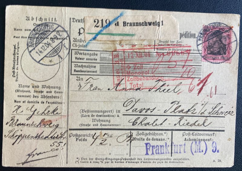 1904 Brunswick Germany Parcel Receipt Card Cover To Davos Switzerland