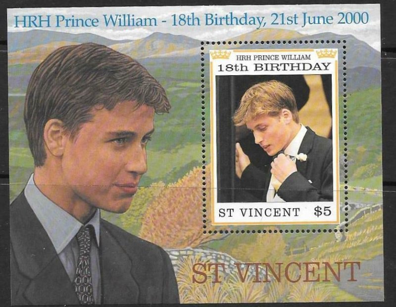 ST.VINCENT SGMS4554 2000 18th BIRTHDAY OF PRINCE WILLIAM  MNH