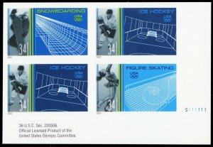 3555c, Mint XF NH 34¢ Imperforate Plate Block - Winter Sports - Stuart Katz