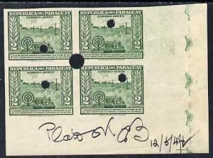 Paraguay 1944-45 First Telegraph 2c green imperf corner p...