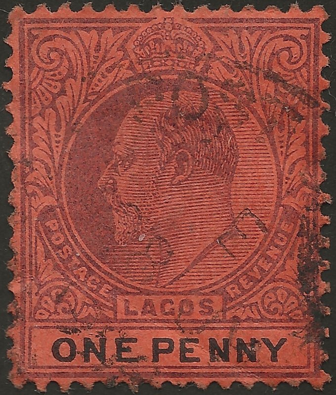 LAGOS 1904 SG45 1d Purple and Black on Red Paper Used CA Watermark