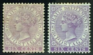 MALAYA 1884 STRAITS SETTLEMENTS QV 6c CA Variety MH SG#66 & 66a M2698