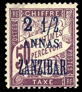 French Colonies, French Offices in Zanzibar #J5a Cat$1,400, 1897 error surcha...