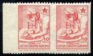 Turkey, Postal Tax Stamps #RA76var, 10k red, left margin horizontal pair, imp...