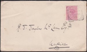 NEW ZEALAND 1891 QV 1d on cover NAPIER squared circle code 11..............A6705