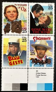 US #2448a (#2445-2448) MNH XF USPS Block of 4 -25c Hollywood Movie 1990 [BB166]