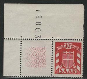 Saar - Scott # O27, label in size of stamp, mint nh, plate #