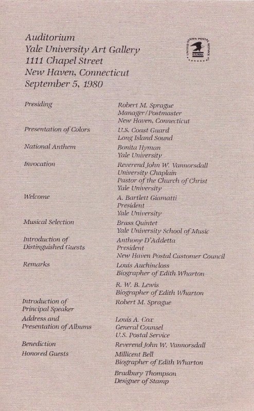 USPS 1st Day Ceremony Program #1832 Edith Wharton Literature Novel FDOI 1980