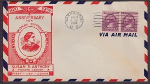 1936 Susan B. Anthony women's suffrage Sc 784-3f VG cachet red on airmail env.