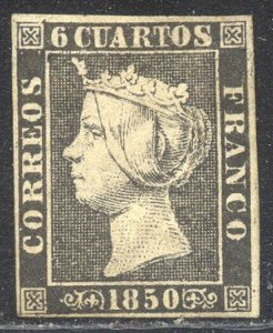 SPAIN #1a Mint - 1850 6c Black, Thick Paper Type II