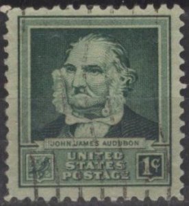 US 874 (used) 1¢ John James Audubon, brt blue grn (1940)