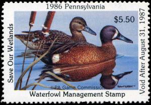 PENNSYLVANIA #4 1986 BLUE WINGED TEAL STATE DUCK STAMP by Robert Knutson