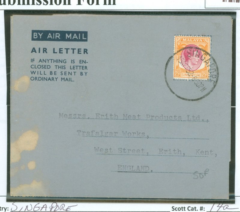 Singapore 14a 1952 Air letter with message; Singapore to England 4/15/52, bleach stains