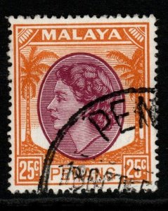 MALAYA PENANG SG37 1954 25c BROWN-PURPLE & YELLOW-ORANGE FINE USED