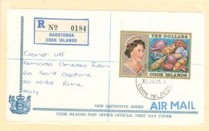 Cook Islands 402 June 30, 1975 $10 Queen Elizabeth & ornate sea shells