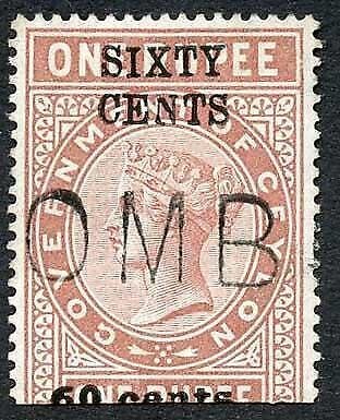 Ceylon Telegraph SGT62 60c on 1R Type 57 N of large cents defective 