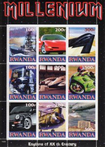 Rwanda 1999 Motorcycles-Helicopters-Trains-Cars Sheetlet (9) MNH