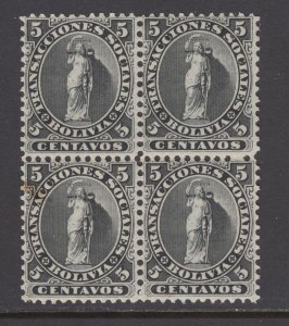 Bolivia Forbin 1 MNH. 1867 5c black fiscal Transacciones Sociales, block of 4