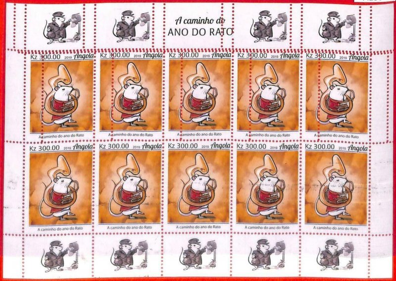 A1551 - ANGOLA - ERROR: MISSPERF  FULL SHEET x10 - 2019 Year of Rat, French Horn