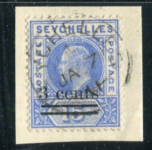 SEYCHELLES; 1903 early Ed VII Surcharged issue fine used hinged 3 CENTS