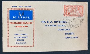 1952 Port Stanley Falkland Island First Direct Flying Boat Airmail Cover Sc#116