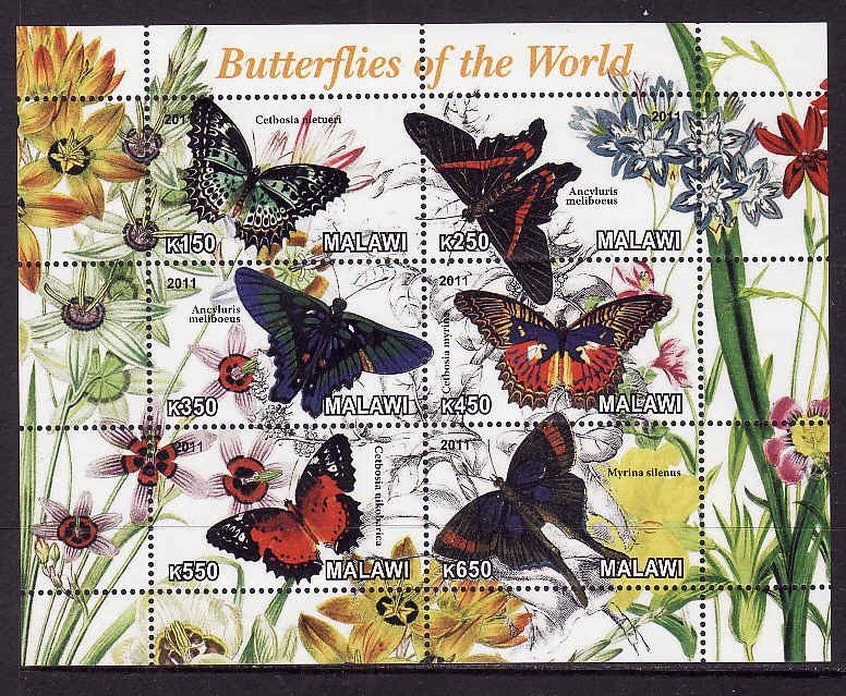 Malawi-unused NH sheet of 6-Insects-Butterflies-2011-