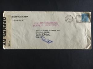 1941 Philadel USA Cover Censored to France Returned Service Suspended Due to War