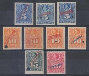 CHILE 1878-99 COLUMBUS Sc 28-30 & 33 NINE SINGLES OVPTD SPECIMEN MNH F,VF 