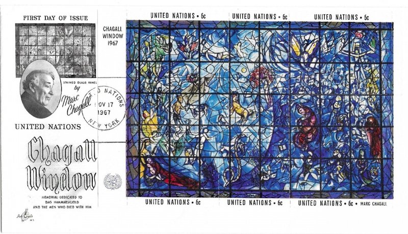 1967 FDC, 6c Chagall Window S/S, Art Craft cachet, souvenir sheet