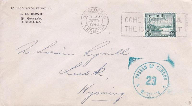St. Georges, Bermuda to Lusk, WY, 1940, Bermuda censor (C1902)