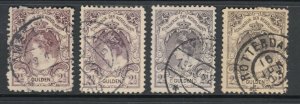 Netherlands Sc 84 used. 1899 2½g brown lilac Queen, 4 shades, F-VF.