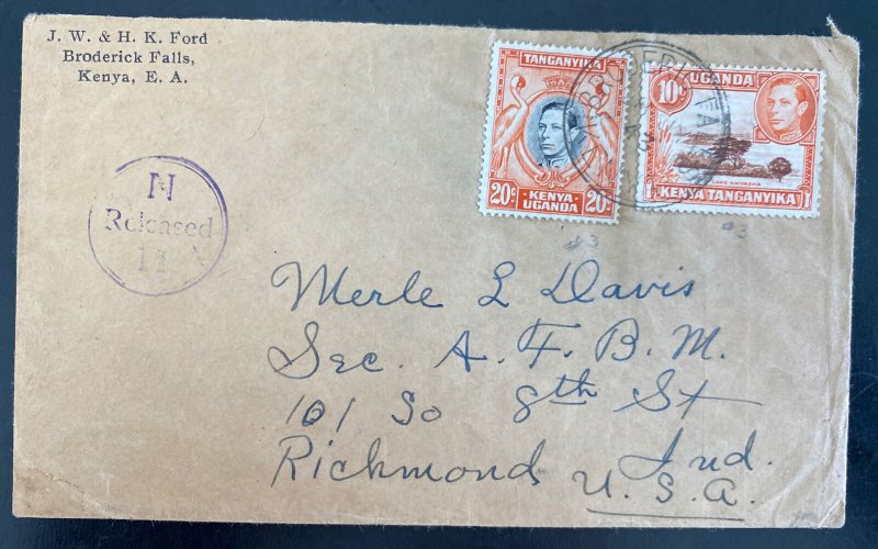 1943 Broderic Fall Kenya Refugee Camp British KUT Cover To Richmond IN USA