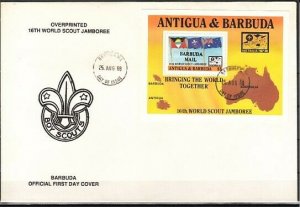 Barbuda, Scott cat. 986. World Scout Jamboree s/sheet. First day cover. ^