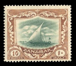 Zanzibar #175 Cat$260++ (for hinged), 1921 10r brown and green, never hinged